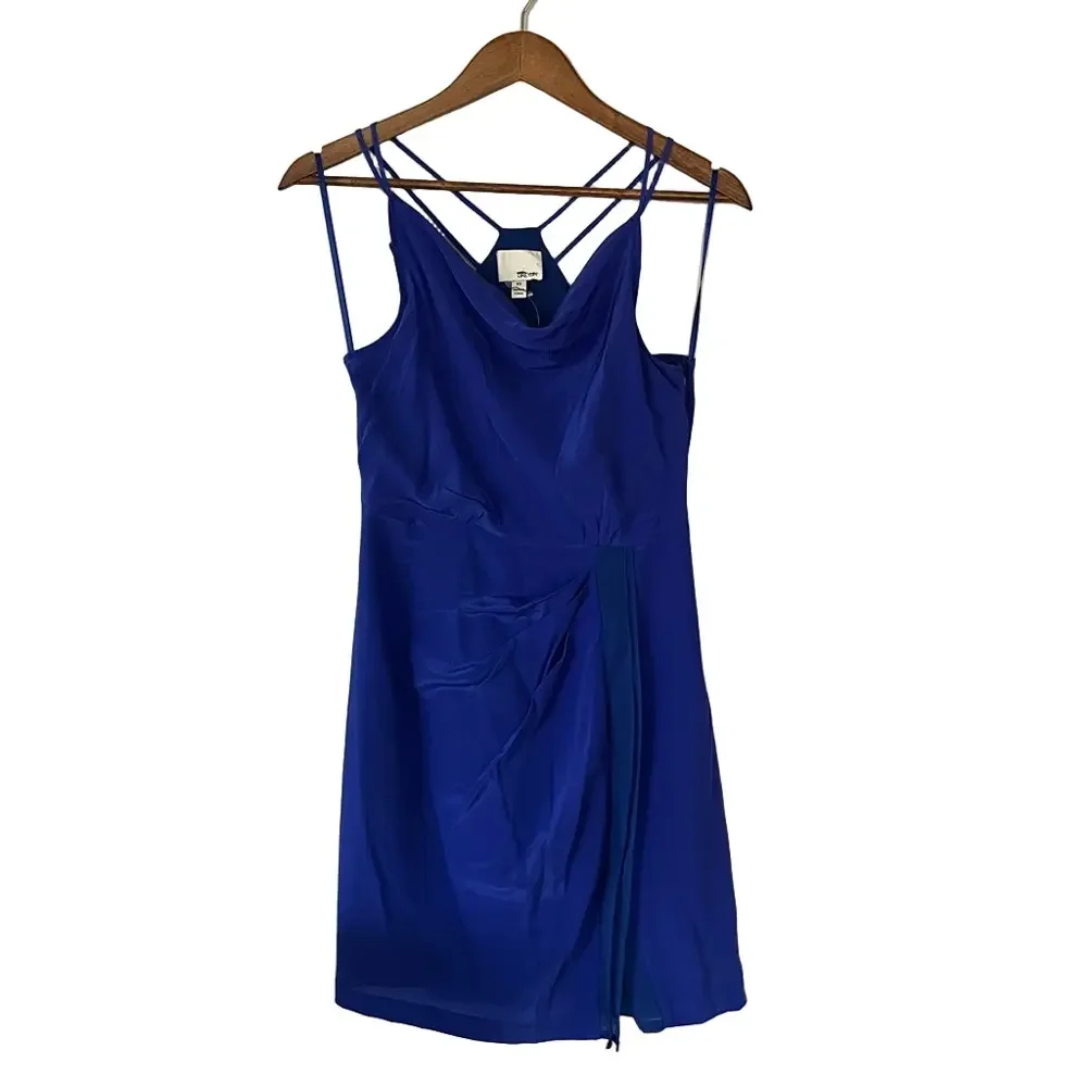 Anthro Greylin Silk Wrap Dress Blue Cowl Neck Mini Wedding Guest XS